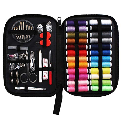 JUNING Sewing Kit with Case, 130 pcs Sewing Supplies for Home Travel and Emergency, Kids Machine, Contains 24 Spools of Thread of 100m, Mending and Sewing Needles, Scissors, Thimble, Tape Measure etc