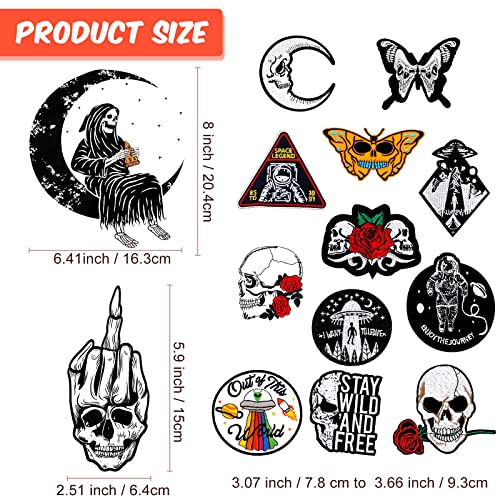 14 Pieces Alien Punk Skull Cool Goth Patches Embroidered Goth Iron On Patches Rock Punk Band Patch for Jackets Hat Clothing Bags DIY Decoration