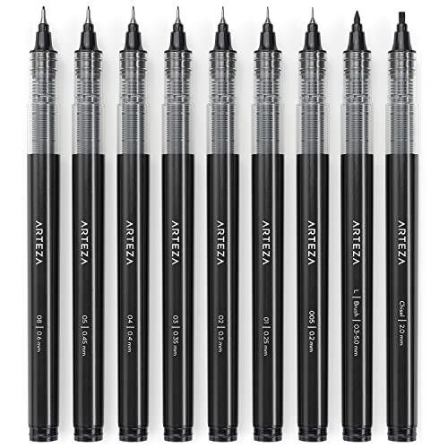 ARTEZA Micro-Line Ink Pens, Set of 9, Black Fineliners with Japanese Archival Ink, Art Supplies for Comic Artists and Illustrators