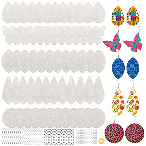 SHUANGART 60 Pcs Sublimation Blank Sparkly Faux Leather Earrings Making Kit, Double Sided Superfine Glitter Leather Earrings with Sublimation Paper for DIY Jewelry Making(5 Shapes), white