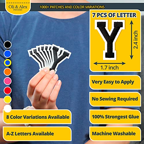Oli and Alex Iron On Letters 2.4 inch - 7 pcs of Y Black Patches Letters for Clothing - Super Glue - No sew Needed - Embroidery Alphabet Football Team School University - Black, Y