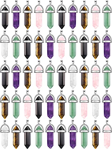 30 Pieces Hexagonal Natural Crystal Pendants Pointed Crystal Quartz Stone Pendant Bullet Shape Healing Stone Pendants DIY Gemstone Crystal Pendant for Necklace Jewelry Making (Multi Colors)
