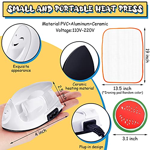 Mini Iron Mini Heat Press Portable Handy Heat Press Heat Transfer Machine with Mesh Cloth Pressing Cloth Pad Silicone Pad, Charging Base Accessories for T Shirt Shoe Bag (White)