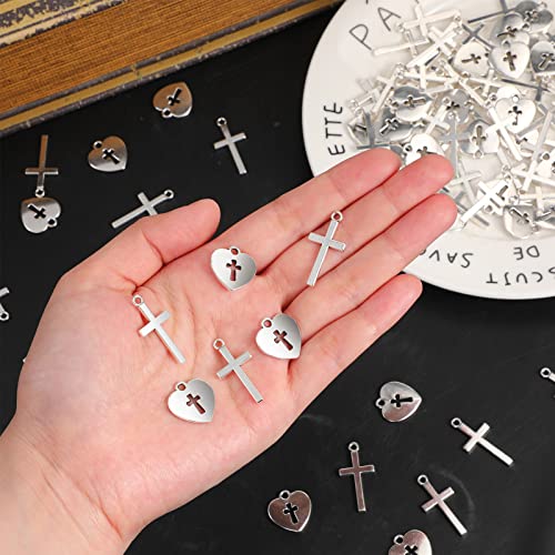 100 Pcs Silver Cross Charms 60 Small Cross Charms for Jewelry Making 40 Heart Shaped Religious Charms Mini Metal Christian Charms for DIY Crafts Necklace Bracelet Earring Keychain Supplies