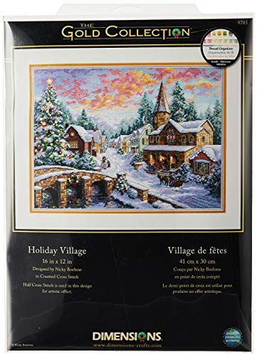 Dimensions Gold Collection Counted Cross Stitch Kit, Holiday Village Christmas Cross Stitch, 16 Count Dove Grey Aida, 12'' x 16''