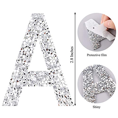 26 Pieces Large Glitter Rhinestone Alphabet Stickers Silver Crystal Letter Stickers Iron-on Rhinestone Letter Stickers for Clothing Jeans Caps Shoes Bags DIY Decorations (2.8 Inch)