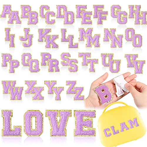 WILLBOND 52 Pieces Self Adhesive Chenille Letter Patches Glitter Chenille Letter Patches Chenille Initial Patches for DIY Mobile Phone Backpacks Hat (Purple)