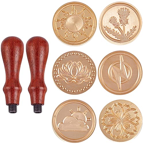 CRASPIRE Wax Seal Stamp Set 6pcs Sealing Wax Stamps 25mm Removable Brass Heads 2pcs Wood Handle Weather and Plant Pattern Series Retro Wax Sealing Stamp Kit for Letter Envelope Wedding Gift