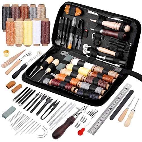 Leather Working Tools Leather Craft Kit and Supplies Upholstery Repair Kit with Waxed Thread Stitching Groover Awl for Punch Stitching, Leather Sewing and DIY Craft Making