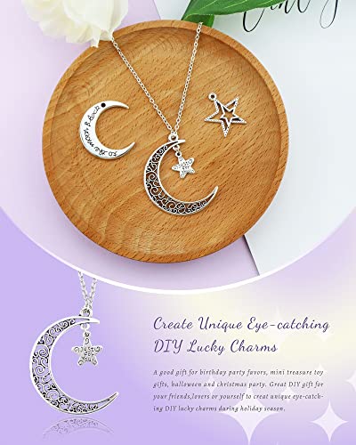 JIALEEY 44PCS Large Hollowed Moon Star Charms Mixed Celestial Charm Pendant for DIY Jewelry Making Accessaries, Antique Silver Bronze and Gold