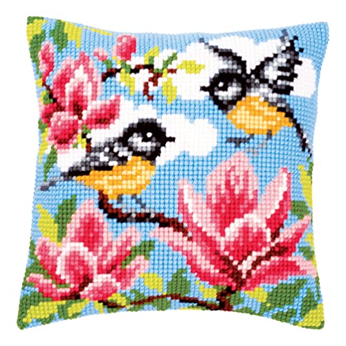 Vervaco Cross Stitch Embroidery Kits Pillow Front for Self-Embroidery with Embroidery Pattern on 100% Cotton and Embroidery Thread, 15,75 x 15,75 Inches - 40 x 40 cm, Bird with Flowers