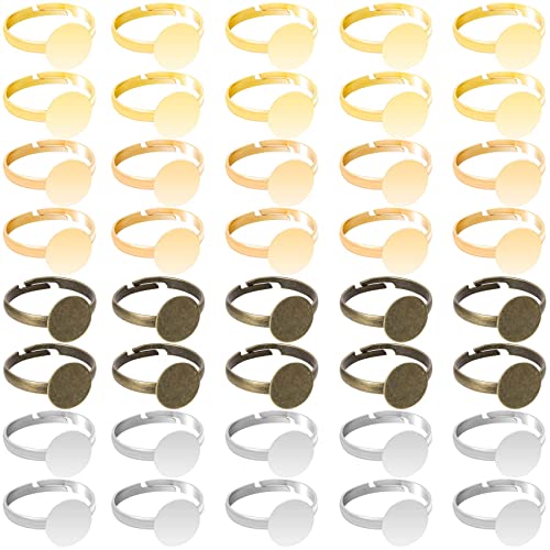 PAGOW 50Pcs Ring Blanks, 10mm Adjustable Ring Base for Jewelry Making, 4 Colors Round Blanks Plated Flat for Kids Teens Girls DIY Jewelry Findings