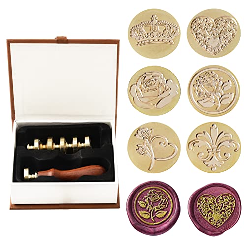 Wax Seal Stamp Set,Ailtuer 6 Pieces Plant Series Sealing Wax Stamp Heads + 1 Wooden Hilt, Vintage Seal Wax Stamp Kit with Gift Box (Flower+Rose*3+Heart+Crown)