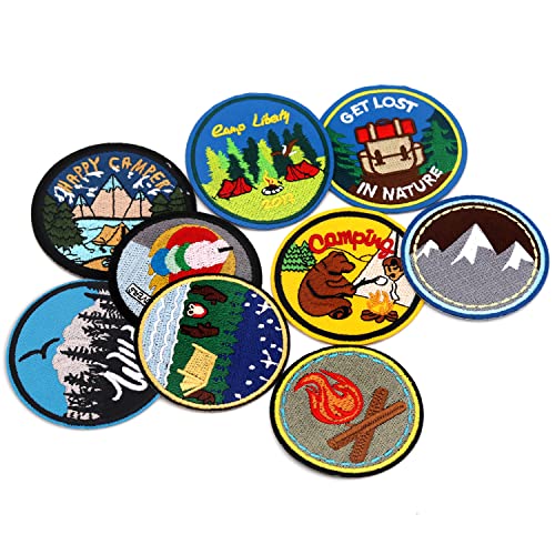 Winrase 9pcs Outdoor Round Camper Iron on Patches Embroidered Motif Applique Decoration Sew On Patches Custom Patches for DIY Jeans,Jacket,Clothes,Bag,Backpack,Cap,Arts Craft Sew Making (Camper 9pcs)