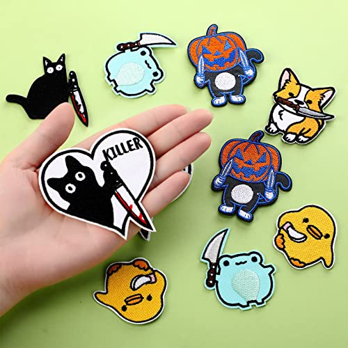 12 Pcs Cat Embroidered Iron On Patches Funny Animals Dog Chick with Knife Sew On Patches Cute Halloween Iron On Patches for DIY Clothing, Jackets, Backpack, Jeans, Bag, Caps and Shoes