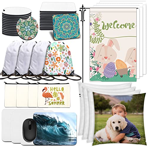 44Pcs Sublimation Blanks Products Set, DIY Sublimation Blanks with Car Coaster, Mouse Pad, Pillow Covers, Garden Flag, Makeup Bag, Drawstring Bag for Sublimation Transfer Heat Press Printing Crafts.
