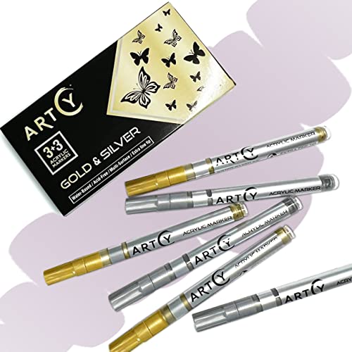 ARTCY Acrylic Paint Pens - 3 Gold and 3 Silver Acrylic Paint Markers Extra Fine Tip (0.7mm) | Great for Rock Painting, Canvas, Glass, Porcelain, Fabric, Paper, Pottery and Plastic…