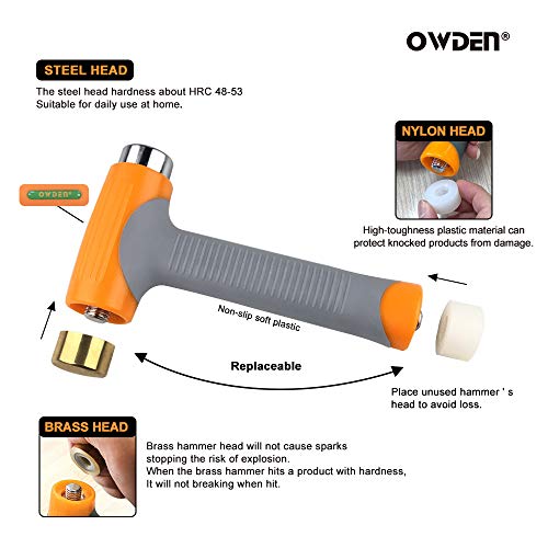 OWDEN Professional Jewelry metal stamps hammer with 2 replace hammer heads No-Rebound steel bench block set Jewelry stamping working tools Metal letter punch for brass aluminium copper leather marks.