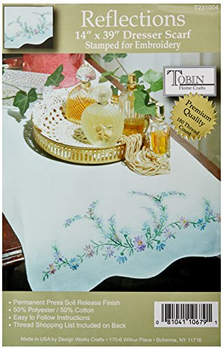 Tobin Stamped Dresser Scarf, Reflections, 14" x 39" Embroidery Kit, White