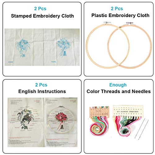 Konrisa 2 Pack Embroidery Starter Kit for Beginners Beautiful Flower Stamped Embroidery Kit with Pattern Adult Cross Stitch Kits Wedding Bouquet Decoration,with Embroidery Cloth Hoops Threads Needles
