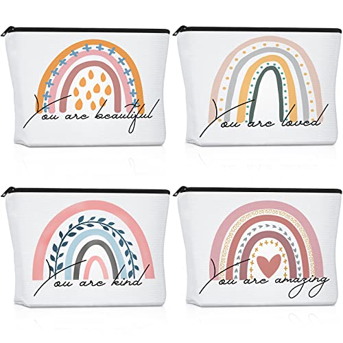 Rainbow Cosmetic Bag 4 Pieces Inspirational Quotes Canvas Cosmetic Bags Bulk You Are Amazing Loved Beautiful Kind Makeup Bag Personalized Purse Pouch for Women Girl Teacher Gift(Fresh)