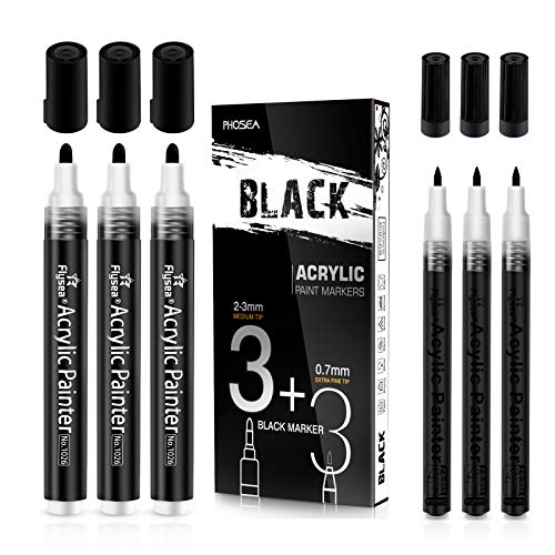 Black Acrylic Paint pens (6 Pack) Variety Pack - Extra Fine 0.7MM & Medium Tip 2-3MM - Water Based Paint Markers for Rock Painting, Stone, Ceramic, Glass, Wood, Canvas (BLACK)