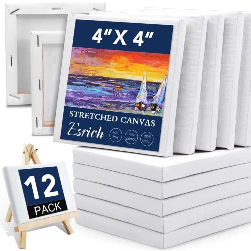 ESRICH Mini Stretched Canvas 12 Pack 4*4inch,2/5''Profile Art Primed Canvases for Painting,100% Cotton Small Professional Stretched Canvas for Kids and Art Supplies,for Acrylics,Oils&Other Painting