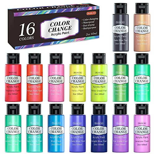 Color Change Acrylic Paint Set, Shuttle Art 16 Colors Chameleon Colors Acrylic Paint in Bottles (60ml/2oz), Non-Toxic for Artists, Beginners and Kids on Rocks, Crafts, Canvas, Wood, Fabric, Ceramic