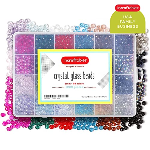 Incraftables Crystal Glass Beads 24 Colors 1200pcs Kit for Jewelry Making, Hair Accessories, & DIY Bracelets. Large 6mm Briolette Rondelle Assorted Crafting Bead with Elastic String for Kids & Adults
