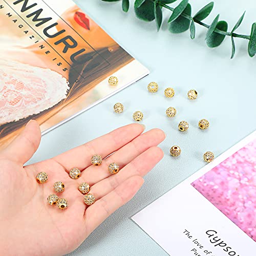 20 Pieces 8 mm Zirconia Cubic Beads, Round Rhinestone Bracelet Spacer Charms,Crystal Zirconia Stones, Ball Beads for Jewelry Making DIY (Gold)