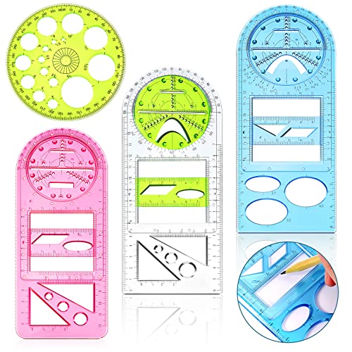 Multifunctional Geometric Ruler 4 Pieces Multifunction Ruler Drawing Ruler Plastic Template Ruler Measuring Ruler Geometric Drafting Tool for Student Architecture School Office Supplies (Cute Style)
