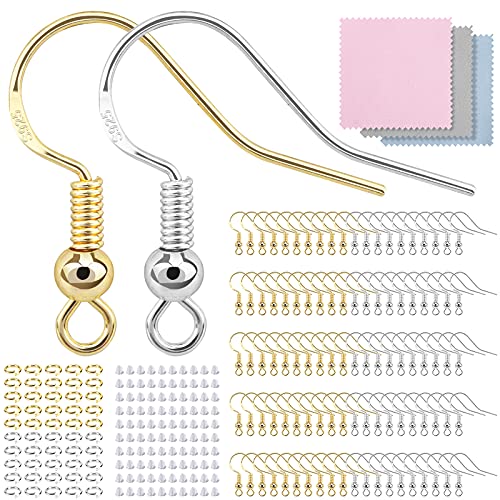 100 PCS/50 Pairs Earring Hooks, 925 Sterling Silver/Gold Hypoallergenic Earring Hooks for Jewelry Making, 300 PCS Upgrade Earring Making kit, Earring Making Supplies with Earring Backs and Jump Rings