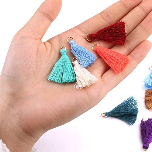 MSCFTFB 100 Pieces Mini Tassels Mala Tassel Kit with Jump Rings for Earring Necklace Jewelry Making Garland Keychain Charms Crafts Decorations(Khaki)