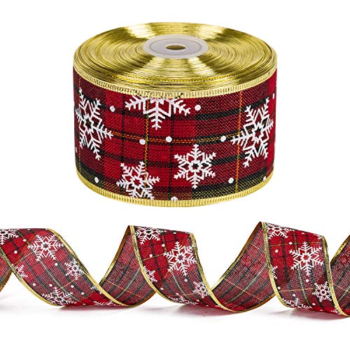 LaRibbons Wired Christmas Holiday Ribbon - Red and Green Plaid Burlap Ribbon with White Snowflake Design - 2.5 inch x 25 Yard Each Roll - Gold Wired Edge