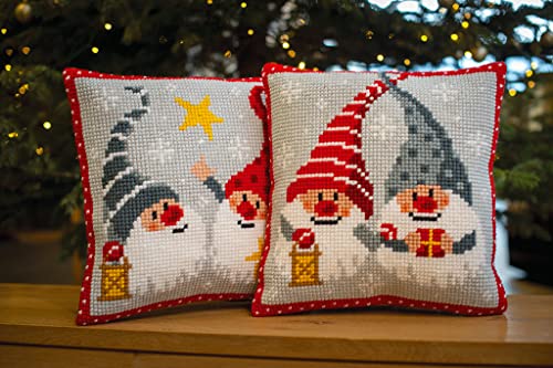 Vervaco Cross Stitch Christmas Embroidery Kits Pillow Front for Self-Embroidery with Embroidery Pattern on 100% Cotton, 15,75 x 15,75 Inches - 40 x 40 cm, Christmas Gnome Star