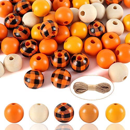200 Pcs Fall Wooden Beads Buffalo Plaid Wood Beads Yellow Orange Natural Farmhouse Wood Spacer Beads with Hemp Rope for Fall Garland Thanksgiving Harvest Decoration Home Decor and DIY Craft