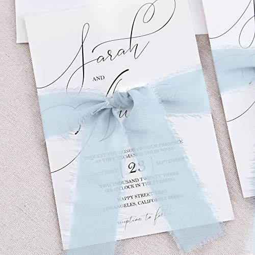 DORIS HOME 3 Rolls 2" x 7Yd Handmade Fringe Chiffon Silk Ribbon Baby Blue, Frayed Edges Ribbon for Wedding Invitations, Bridal Bouquets, Gifts Wrapping, DIY Crafts