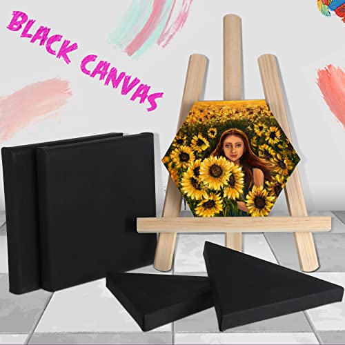 12 Pcs Black Canvas for Painting Stretched Canvas Cotton Square Triangle Hexagon Canvas Blank Boards Panels Art Canvas with Frame Panel Stretched Boards for Oil Acrylic (6 Inch)