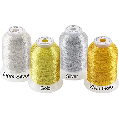 New brothread 4pcs (2 Gold+2 Silver Colors) Metallic Embroidery Machine Thread Kit 500M (550Y) Each Spool for Computerized Embroidery and Decorative Sewing