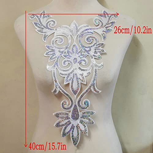 Sequined Flower Trims Big Size Iron on Appliqued Floral Patches 40X26 cm (White)