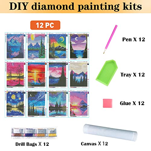 TINY FUN 12 Pack Diamond Painting Kits for Adults 5D Diamond Art Kit for Beginners, DIY Paint with Round Full Drill Diamonds Paintings Gem Art for Home Wall Decoration Gift (12X16 Inch