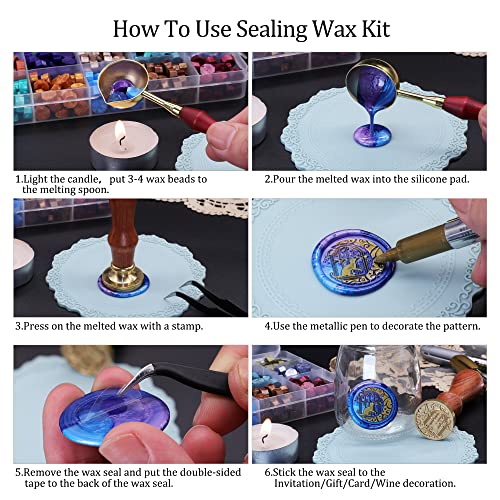 SWANGSA Wax Seal Beads Kit with Gift Box, 15 Color 405pcs Wax Seal Beads, 2pcs Wax Seal Metallic Pens, Silicone Wax Seal Mat and Adhesive Dots for Wax Seal