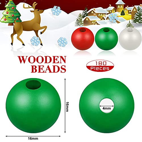 180 Pcs Wooden Bead Colorful Wood Beads for Crafts Round Wooden Bead with Large Hole Loose Spacer Beads for Holiday Decoration DIY Crafts Jewelry Making (Green, Red, White)