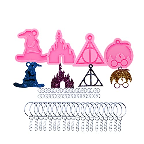 AMZTOART 4pc Glossy Magic Boy Witch Hat Keychain Silicone Mold with Hole for DIY Pendant Castle Crystal Epoxy Craft Decoration Candy Fondant Mold with 20Pc Key Ring(DY0085+DY0280+DY0338+DY0479+PJ)