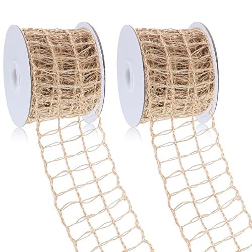 2 Rolls Mesh Burlap Wired Ribbon Open Weave Burlap Net Ribbon Fabric Ribbon DIY Craft Ribbon for Wrapping Bow Wreath DIY Crafts Party Home Decors (3 Square Grids, 20 Yards x 2.5 Inch)