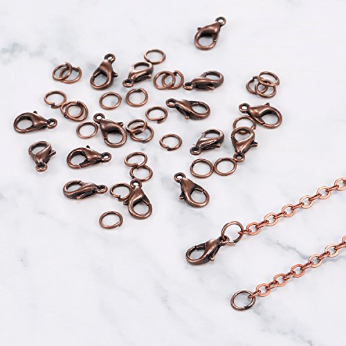 TecUnite 33 Feet Antique Red Copper Chain Link Necklace with 30 Pieces Jump Rings and 20 Pieces Clasps for DIY Jewelry Making (3x4mm)
