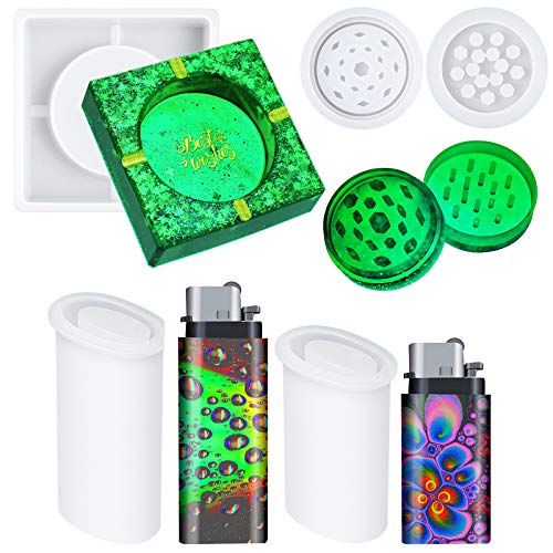 7 Pieces Silicone Resin Casting Moulds Set, Include 2 Universal Lighter Protective Cover Resin Mould Square Coaster Silicone Mould Spice Grinder Epoxy Mould for DIY Craft