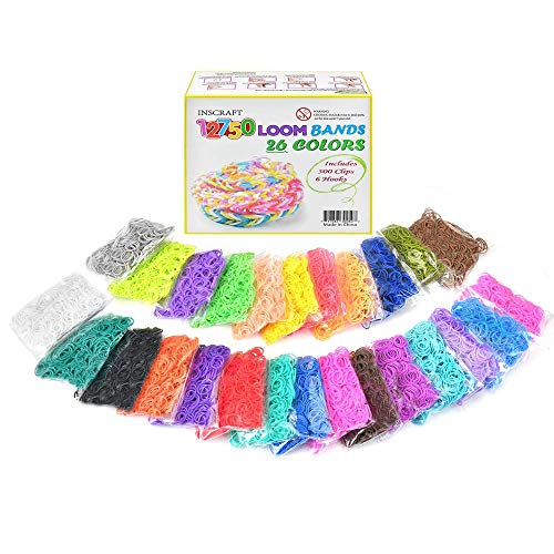 Inscraft Rubber Bands Refill Kit , 12750+ Premium Loom Bands in 26 Colors with 500 Clips ,6 Hooks for Kids Bracelet Weaving Kit DIY Crafting