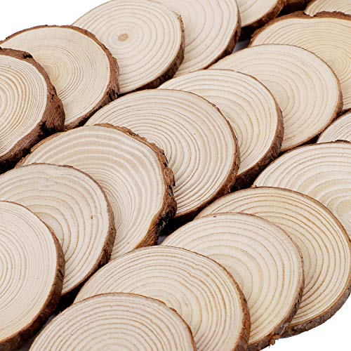 KINJOEK 24 PCS Natural Wood Slices 3.5 - 4 Inch with Bark Unfinished Wood Circles for Coasters DIY Crafts Wedding Decorations Christmas Ornaments