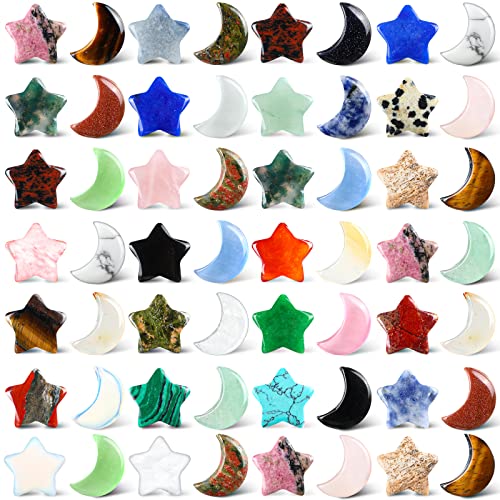 60 Pieces Star Shaped Crystals and Moon Shaped Crystals Bulks Worry Stones Assorted Palm Thumb Stones Hand Making Gemstone Quartz Decorative Crystal for Witchcraft Meditation DIY Balancing Jewelry